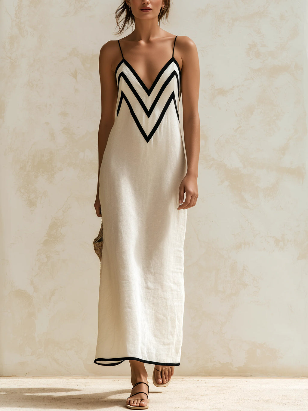 Inma-Vestido largo estilo slip con bordes en contraste con motivo chevron