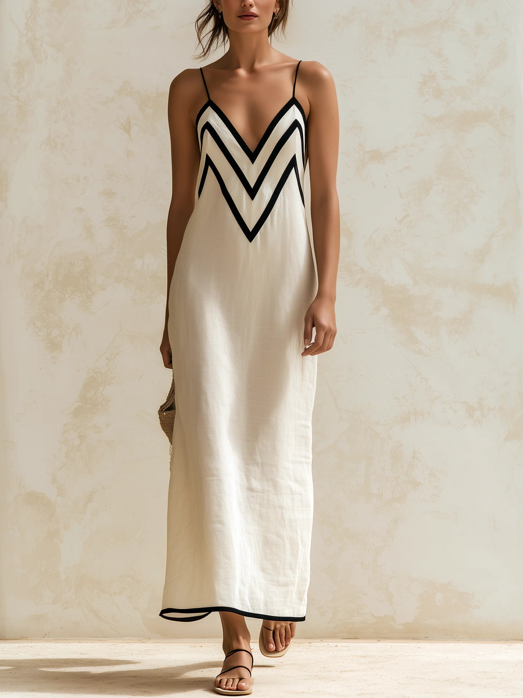Inma-Vestido largo estilo slip con bordes en contraste con motivo chevron