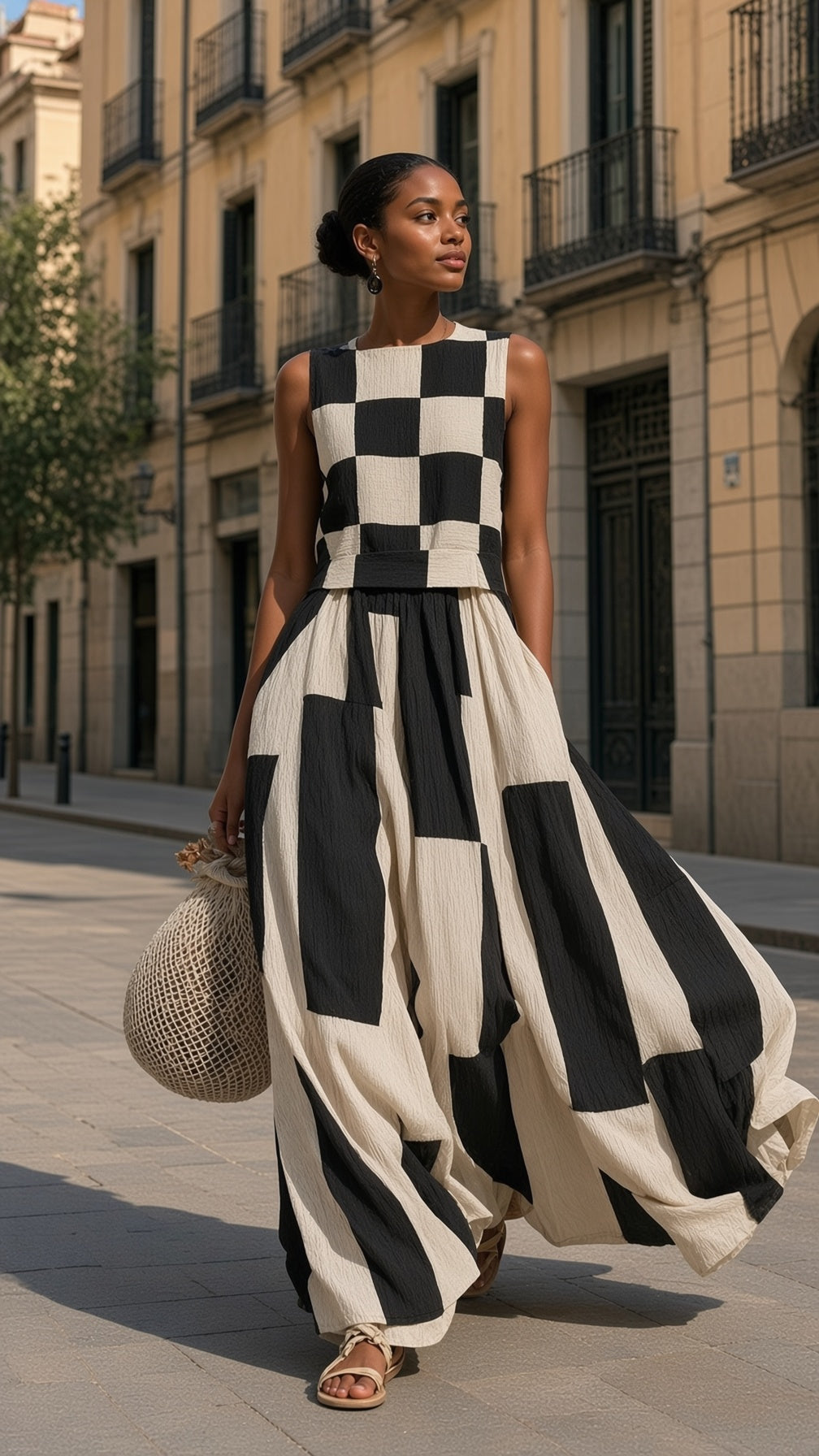 Noa - Vestido Maxi Geométrico en Blanco y Negro