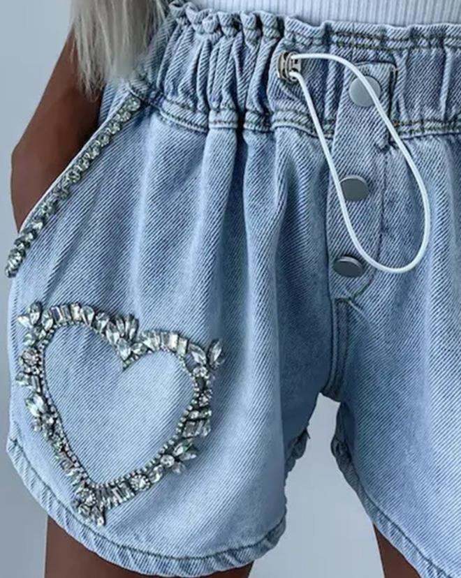Juana - Shorts con corazón de pedrería