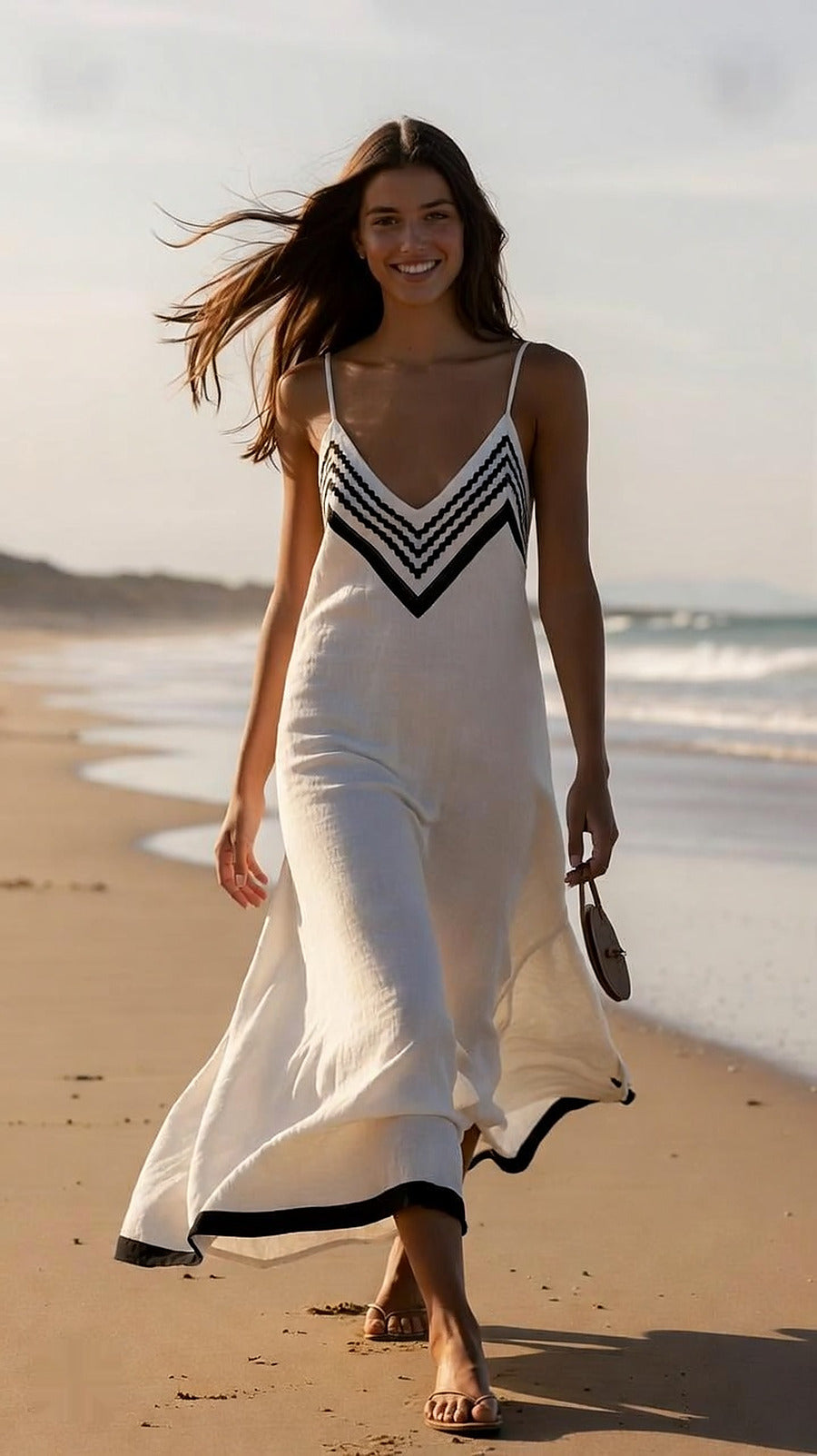 Inma-Vestido largo estilo slip con bordes en contraste con motivo chevron