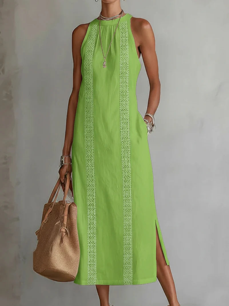 Sheila - Vestido midi de lino con cuello mao