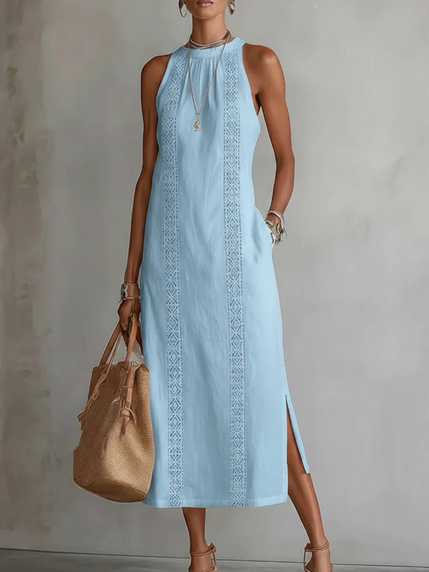Sheila - Vestido midi de lino con cuello mao