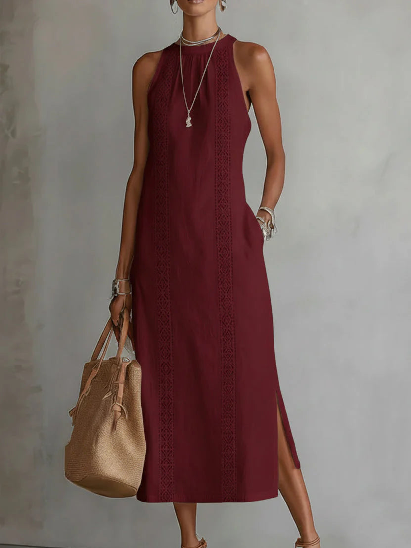 Sheila - Vestido midi de lino con cuello mao
