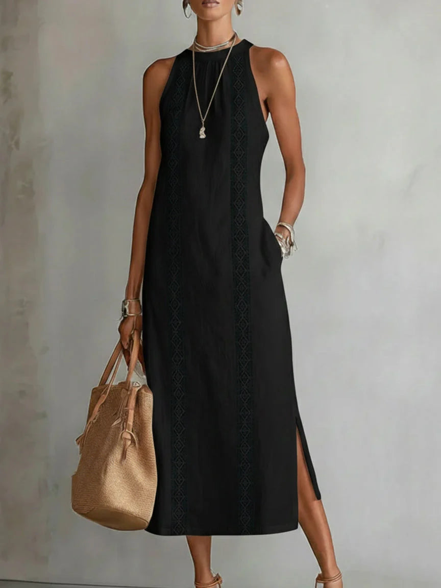 Sheila - Vestido midi de lino con cuello mao