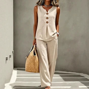 Solana - Conjunto de algodón y lino con top de botones y pantalón corto
